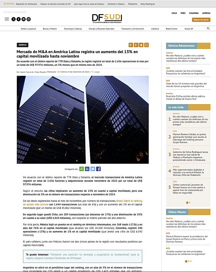 Mercado de M&A en Am�rica Latina registra un aumento del 13% en capital movilizado hasta noviembre